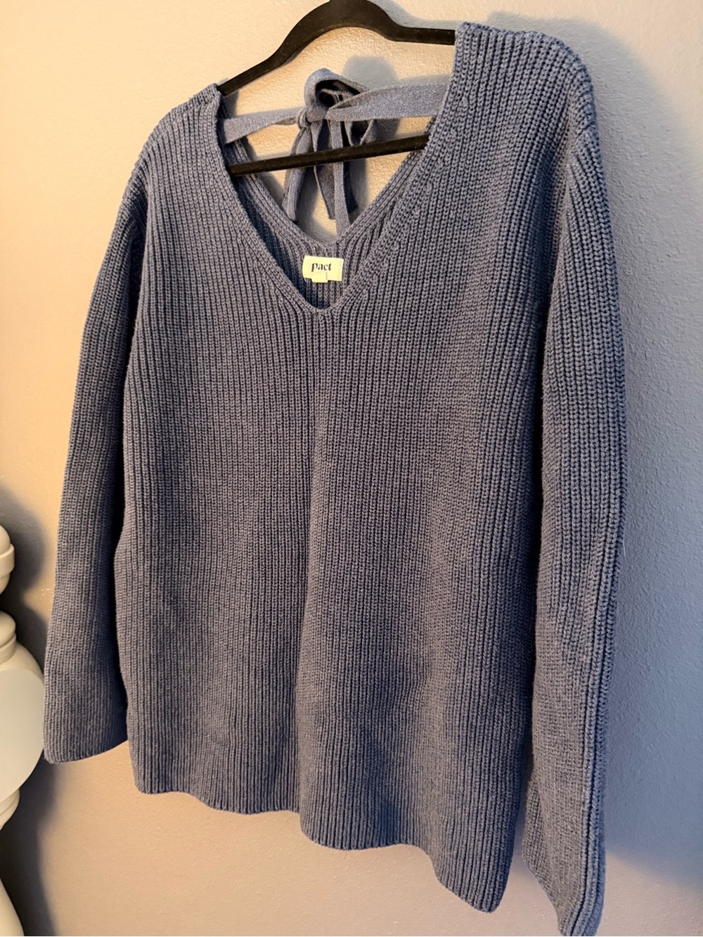 Pact Women's V-Neck Back-Tie Sweater in Slate Blue